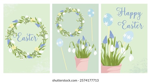 easter greeting cards,flower wreath of blossoming  tree branches, grape hyacinth and snowdrop, elements for creating  easter  postcards, posters and background