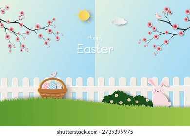 Easter greeting card,Spring naure background with cute bunny and easter eggs on beautiful garden,vector illustration
