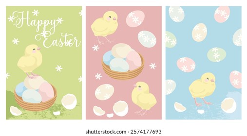 Easter greeting cards,Yellow chicks and Easter eggs, elements for creating  easter  postcards, posters and background