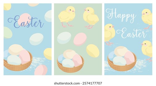 Easter greeting cards,Yellow chicks and Easter eggs, elements for creating  easter  postcards, posters and background