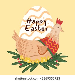 easter greeting with chicken. hen and leaves floral illustration