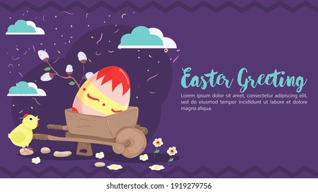 Easter greeting, Chicken looks at a cart with a colored egg, vector illustration banner for holiday design decoration, purple background