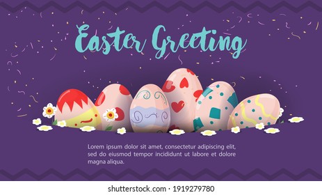 Saludo de Pascua, huevos de colores asomándose por el bolsillo, banner de ilustración vectorial para decoración de diseño de vacaciones, fondo púrpura