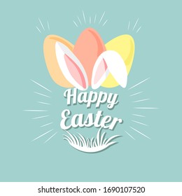 Easter Greeting Colorful Card with Happy Easter sign and bunny rabbit ears eggs and grass. Vector illustration. 