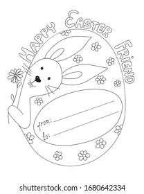 Easter greeting coloring card with rabbit and flower. Easter bunny greeting card.