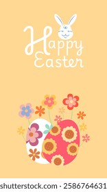 Easter greeting with a cute bunny, colorful decorated eggs, and blooming flowers conveying festive cheer