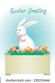 Easter greeting. Cute easter bunny  and eggs on  green grass at retro style