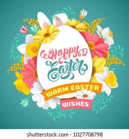 Easter greeting cute design with spring flowers daisy, mimosa and daffodils, calligraphy inscription Happy Easter on egg silhouette on turquoise background. Vector Illustration.