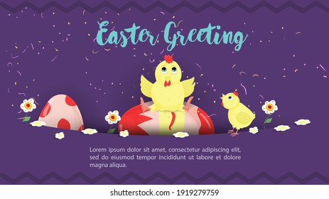 Saludo de Pascua, un huevo asomándose a un bolsillo con una gallina sentada sobre él, banner de ilustración vectorial para decoración de diseño de vacaciones, fondo púrpura