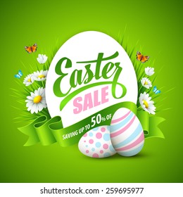 Easter greeting with eggs and flowers. Vector illustration