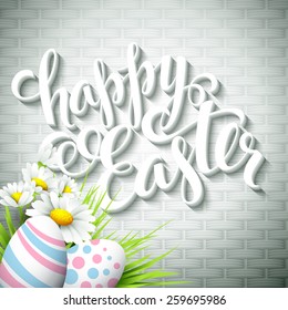Easter greeting with eggs and flowers. Vector illustration