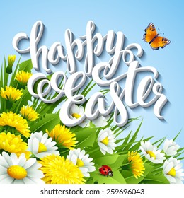 Easter greeting with eggs and flowers. Vector illustration
