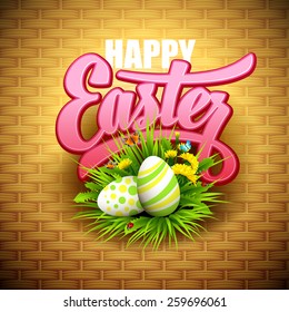 Easter greeting with eggs and flowers. Vector illustration