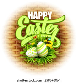 Easter greeting with eggs and flowers. Vector illustration