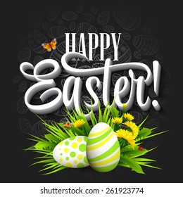 Easter greeting with eggs and flowers. Vector illustration