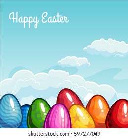 Easter greeting with eggs in the sky. Vector illustration