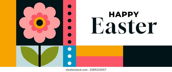 Easter greeting with a floral illustration and geometric patterns. A contemporary design to celebrate the holiday.