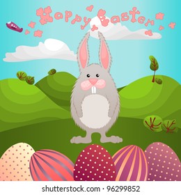 easter greeting with fluffy rabbit and painted eggs