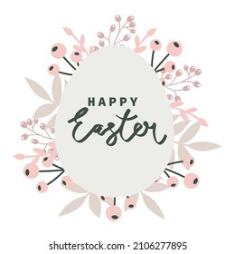 Easter greeting frame.Vector illustration with flowers and Easter eggs. Happy Easter greetings text. Design for web, site, banner, poster, card, paper print, postcard, flyer. Vector illustration