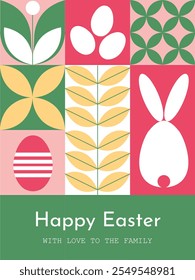 Anuncio geométrico de felicitación de Pascua con símbolos simples como huevos, conejos y flores, con texto de deseos. Ideal para carteles, volantes, Web y portadas festivas.