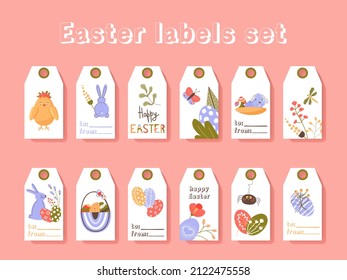 Easter greeting gift labels and tags collection with cute bunny, eggs and flowers. Spring holiday template for seasonal wrapping, packaging, stickers. Colored flat vector illustration