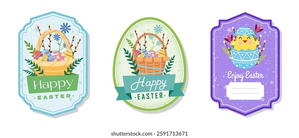 Easter greeting gift labels and tags collection with cute chick, basket, eggs and flowers. Spring holiday template for seasonal wrapping, packaging, stickers. Colored flat vector illustration