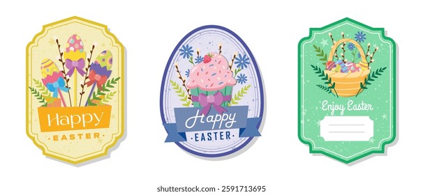 Easter greeting gift labels and tags collection with cake, basket, eggs and flowers. Spring holiday template for seasonal wrapping, packaging, stickers. Colored flat vector illustration