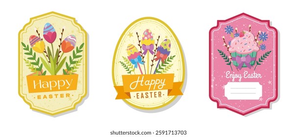 Easter greeting gift labels and tags collection with cake, eggs and flowers. Spring holiday template for seasonal wrapping, packaging, stickers. Colored flat vector illustration