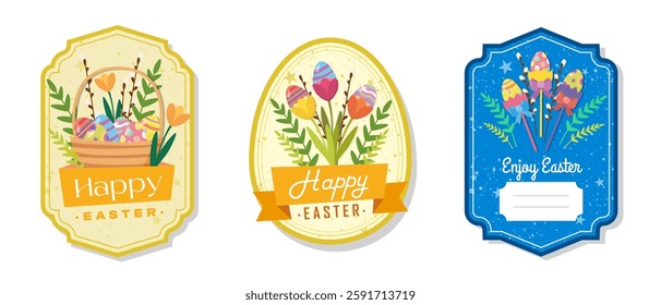 Easter greeting gift labels and tags collection with basket, eggs and flowers. Spring holiday template for seasonal wrapping, packaging, stickers. Colored flat vector illustration