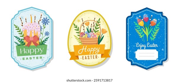Easter greeting gift labels and tags collection with cake, basket, eggs and flowers. Spring holiday template for seasonal wrapping, packaging, stickers. Colored flat vector illustration