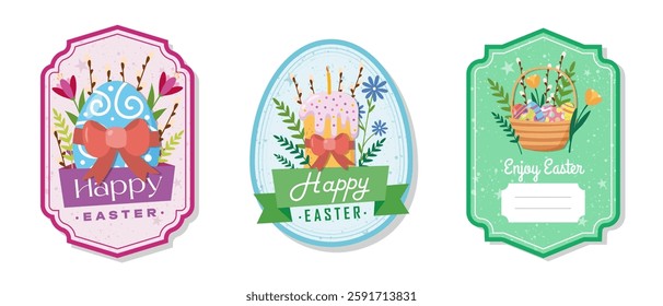 Easter greeting gift labels and tags collection with cake, basket, eggs and flowers. Spring holiday template for seasonal wrapping, packaging, stickers. Colored flat vector illustration
