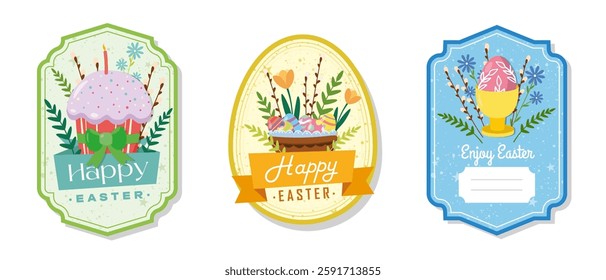 Easter greeting gift labels and tags collection with egg cup, cake, eggs and flowers. Spring holiday template for seasonal wrapping, packaging, stickers. Colored flat vector illustration