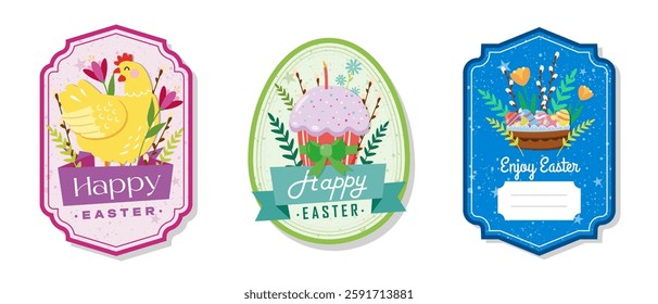 Easter greeting gift labels and tags collection with cute chick, cake, eggs and flowers. Spring holiday template for seasonal wrapping, packaging, stickers. Colored flat vector illustration