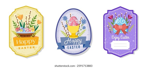Easter greeting gift labels and tags collection with egg cup, eggs and flowers. Spring holiday template for seasonal wrapping, packaging, stickers. Colored flat vector illustration