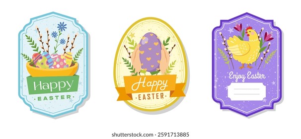 Easter greeting gift labels and tags collection with cute chick, eggs and flowers. Spring holiday template for seasonal wrapping, packaging, stickers. Colored flat vector illustration