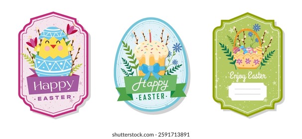 Easter greeting gift labels and tags collection with cute chick, cake, eggs and flowers. Spring holiday template for seasonal wrapping, packaging, stickers. Colored flat vector illustration