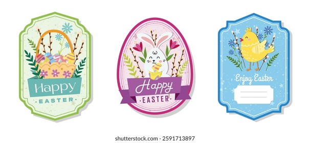 Easter greeting gift labels and tags collection with cute bunny, chick, eggs and flowers. Spring holiday template for seasonal wrapping, packaging, stickers. Colored flat vector illustration