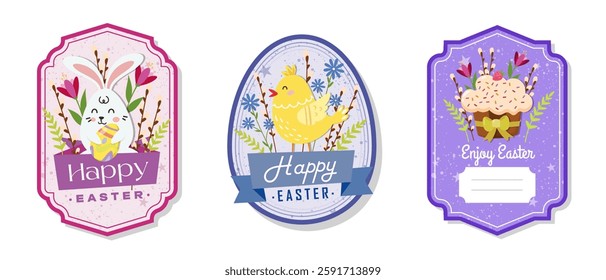 Easter greeting gift labels and tags collection with cute bunny, chick, cake, eggs and flowers. Spring holiday template for seasonal wrapping, packaging, stickers. Colored flat vector illustration