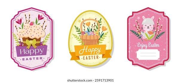 Easter greeting gift labels and tags collection with cute bunny, cake, eggs and flowers. Spring holiday template for seasonal wrapping, packaging, stickers. Colored flat vector illustration