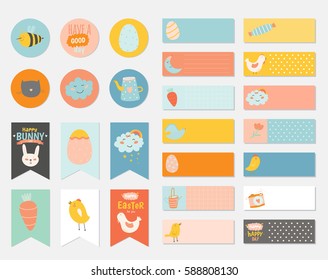 Easter greeting gift tags, stickers and labels template in vector. Holiday spring and summer illustration with bunny, eggs, chicks and other Easter elements.