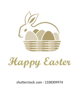Easter greeting with gold bunny and eggs basket, vector 