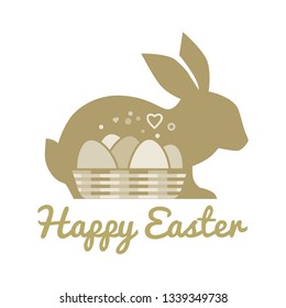 Easter greeting with gold bunny and eggs basket, vector 