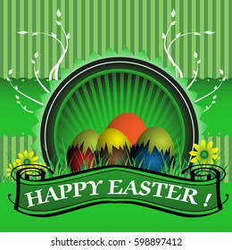 Easter greeting with green stripes, flowers and colorful eggs.  