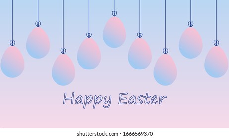 Easter greeting with hanging eggs. Pink and blue pastel gradient background