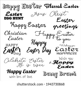 Easter greeting inscriptions in different fonts. Black and white text seamless pattern