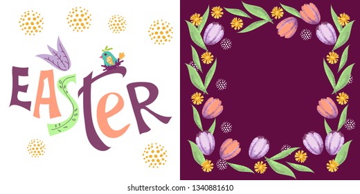 Easter greeting or invitation banner with tulips flowers, birds and leaves.