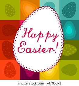 easter greeting with lacy egg and colorful, checked background