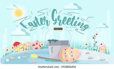 Easter greeting, Large lettering, bucket with paint and brush for coloring eggs, flat vector illustration banner for holiday design decoration