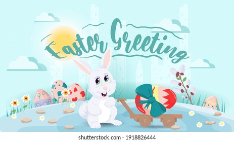 Easter greeting, Large lettering, rabbit standing next to a cart with a painted egg, flat vector illustration banner for holiday design decoration