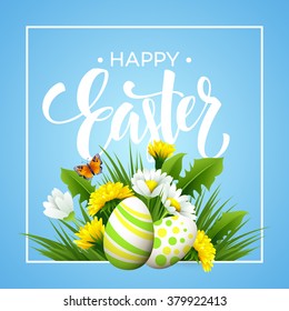 Easter greeting. Lettering Flower Egg. Vector illustration EPS10